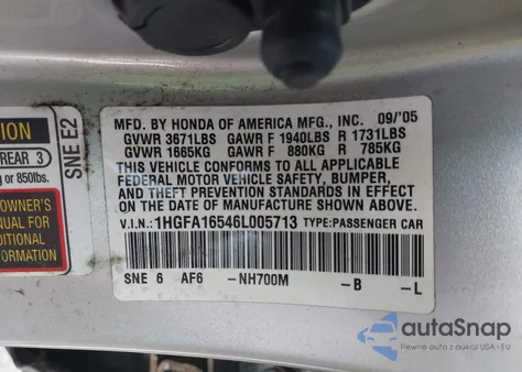 2006 Honda Civic Lx z USA, uszkodzony, nr VIN 1HGFA16546L005713